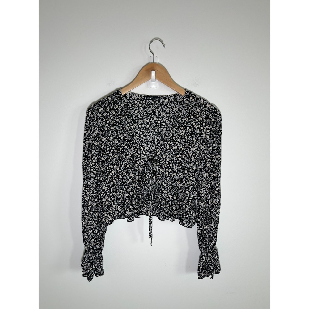 Forest Fairy Cottage Boho Womens Top L Black‎ Floral Tie Front Puff Sleeves